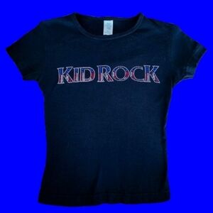 📣Y2K Vintage Kid Rock 🇺🇸 Jeweled Black 🖤 Baby Doll Gaziani Concert Tshirt🤘